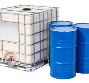 Intermediate bulk container with metallic barrels, 3D rendering isolated on white background