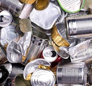 Metal cans and tins prepared for recycling